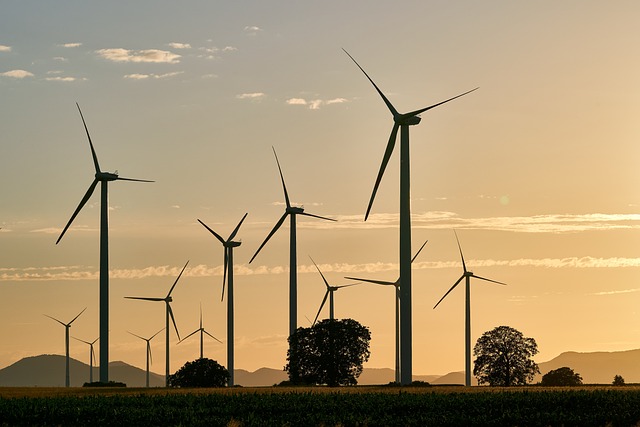 Parques eólicos con aerogeneradores al atardecer, representando proyectos de energía renovable y sostenible.